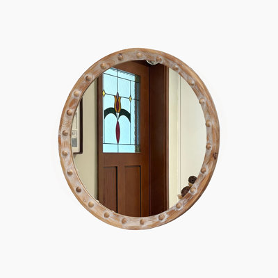 Vintage Rustic Round Wall Mirror With Distressed Wood Frame And Rivet Detail, Perfect For Farmhouse Decor