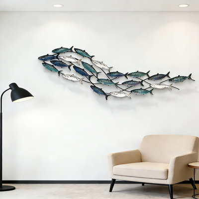 Coastal Metal Fish Wall Decor Metal School of Fish Wall Decoration 3D Fish Wall Sculpture for Living Room Outdoor Ocean Beach