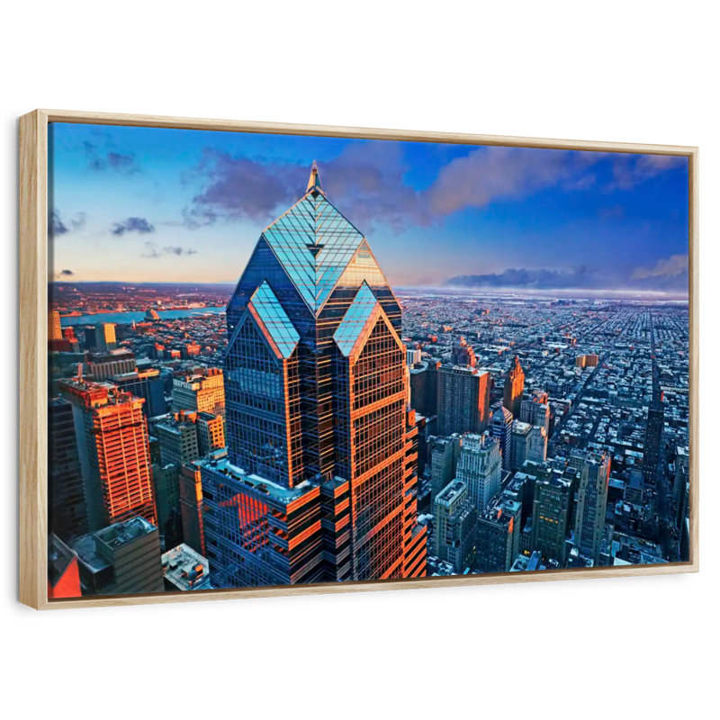 Philadelphia Tower And Skyline, Floating Frame Natural Wood, 46" X 31"