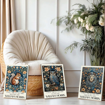 3PCS Wall Arts Posters Framed, William Morris Art Nouveau Canvas Wall Art Set of 3 - Squirrel Owl Lion Wildlife Prints with Floral Patterns, Vintage Nature Themed Decor for Living Room Bedroom Home Decoration