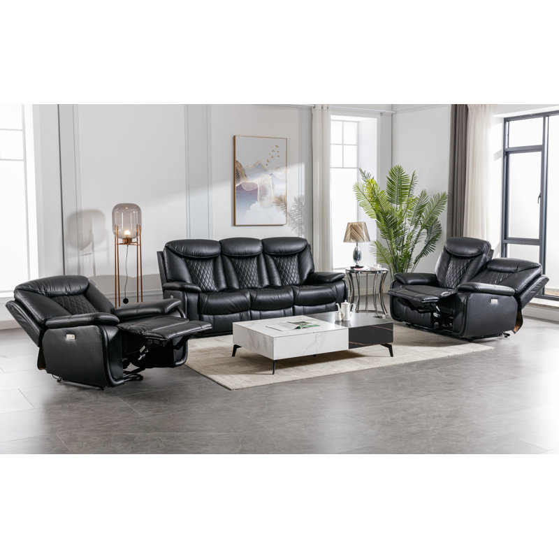 Alycea 3-Piece Power Reclining Living Room Set with Diamond Stitching, Classic Midnight Faux Leather