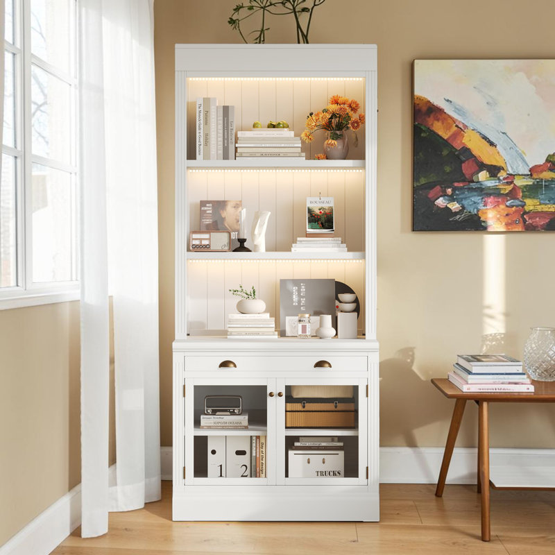 Tall Bookshelf With LED Lighting, Modern Bookcase With 2 Glass Doors And 1 Drawer,Storage Bookcase With Open Shelves For Living Room,Home Office