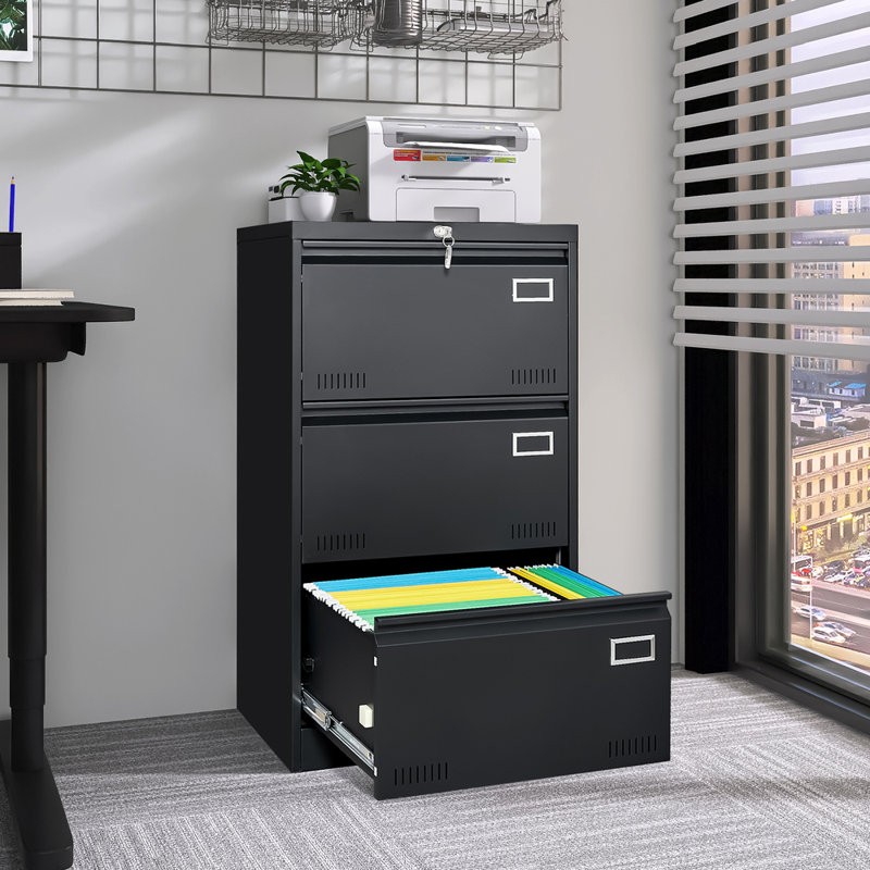 Filing Cabinet Lateral File Cabinet 3 Drawer, Blcak Locking Metal File Cabinets Three Drawer, Office Filing Cabinet With Lock Drawers For Home Office/Legal/Letter/A4/F4