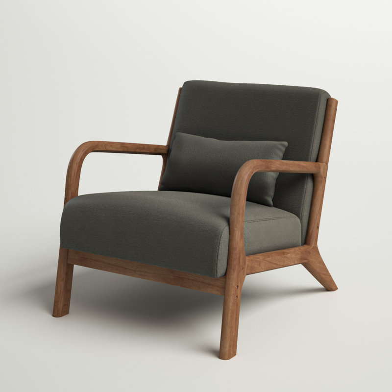Solid Wood Accent Chair with Lumbar Pillow & Toss Cushion, Linen-Blend Armchair with Square Arms, Mid-Century Lounge Chair for Living Room & Bedroom