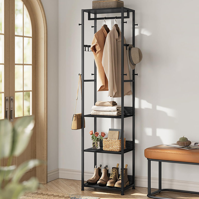 Freestanding Hall Tree with Shelves, Rustic Brown