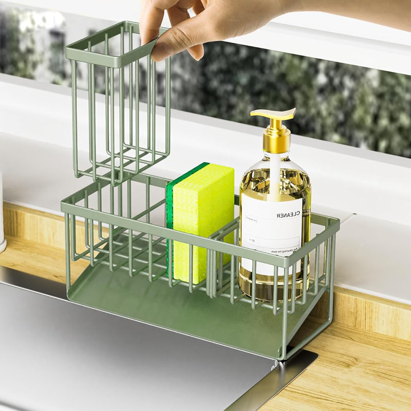 304 Rustproof Stainless Steel Kitchen Sink Caddy, High Brush Holder, Sponge Holder & Soap Dispenser Organizer, Sage Green