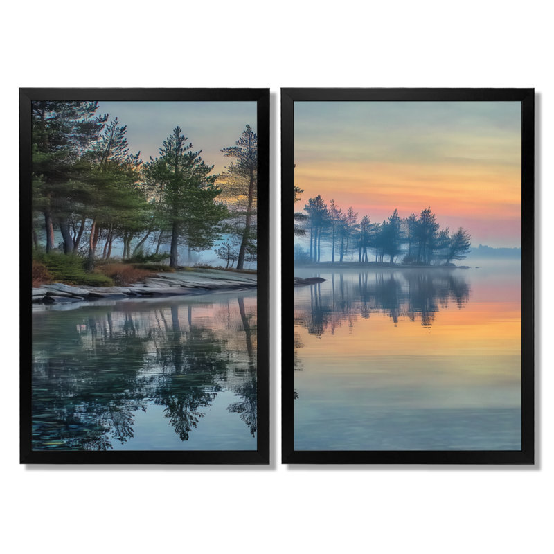 «Sunset At Dawn Lake Summer Mist - Sunset», art mural encadré, paysage orange, 2 pièces, H 36 po x l 48 po, Avec cadre, Noir