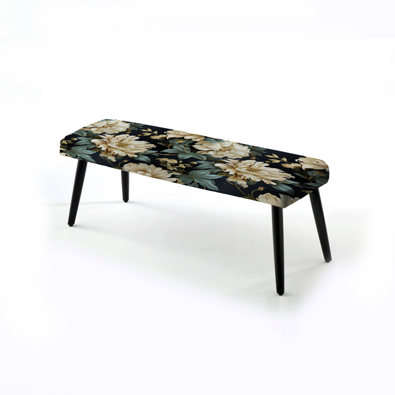 Banc rembourré floral noir, Grand damas victorien vert et blanc