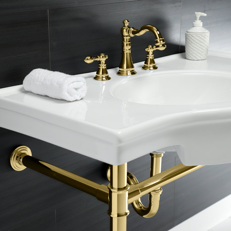 Kingston Brass Templeton 37-Inch Ceramic Console Sink with Stainless Steel Legs (8-Inch, 3-Hole), Polished Brass