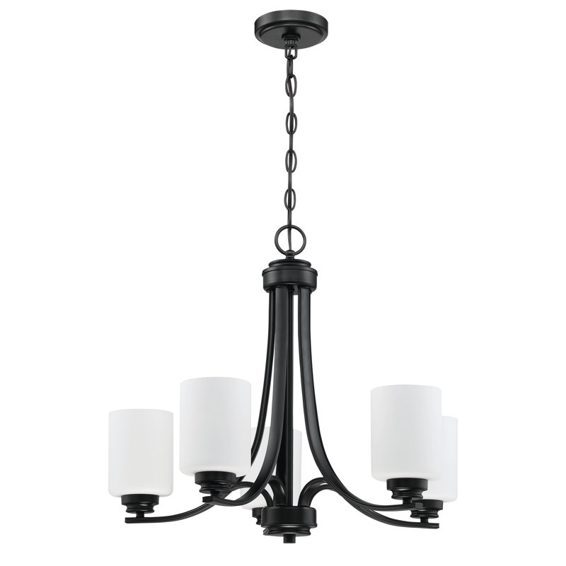 5 - Light Dimmable Empire Chandelier, Flat Black, White Frosted