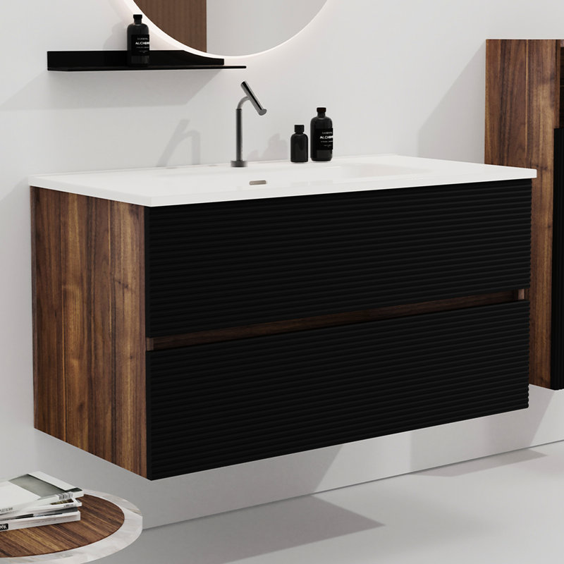 Meuble-lavabo noir et noyer doux 36 po avec lavabo en céramique intégré, trop-plein, conception flottante, tiroirs rayés élégants, glissières silencieuses, 20% plus d'espace de rangement en noyer, mélange de couleurs, poignée fermée