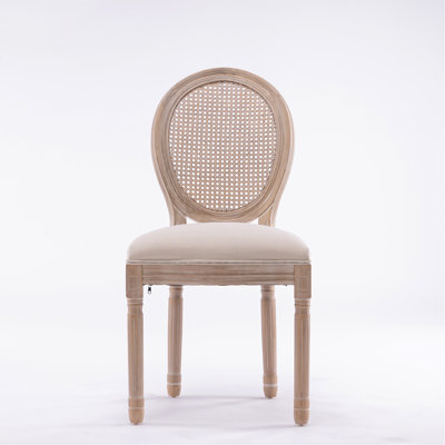 Ensemble de 2 chaises de salle à manger en tissu de style français avec cadre en bois massif et dossier en rotin, beige