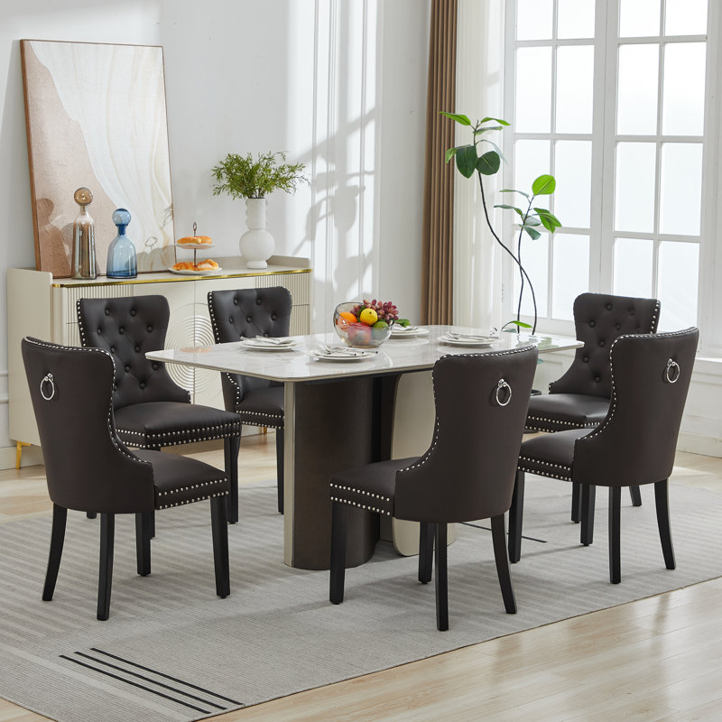 PU Leather Dining Chairs with Pull Ring, Brown
