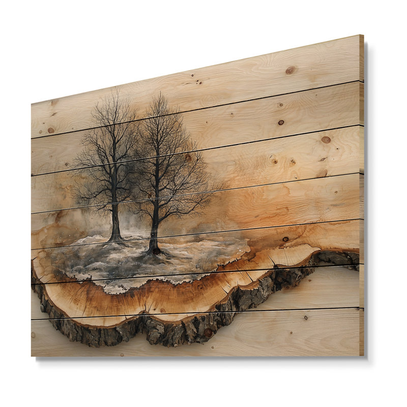 Arbre 4 saisons dans un paysage de forêt II - Art mural en bois de forêt - sur bois de pin naturel