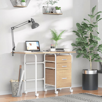 Bureau d'ordinateur pliant sur roulettes avec poste de travail spacieux à 3 tiroirs