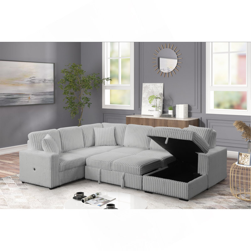 Canapé modulaire de style moderne Grande avec USB-C, fonction de lit et rangement en bois gris