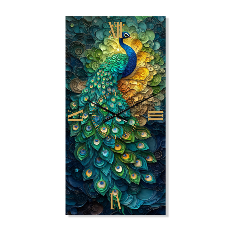 Horloge murale bohème en métal à motifs de paons colorés, H 40 po x l 20 po - Rectangle