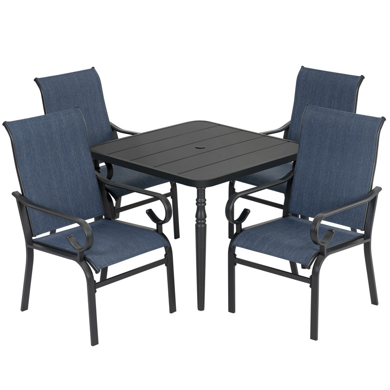 5-piece Patio Dining Set With Umbrella Hole, Breathable Textilene Fabric, 28.7" H x 37" W x 37" D, Square, 4