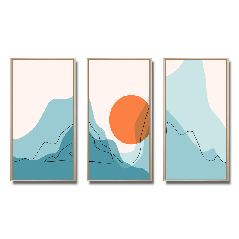 Red Moon Over Abstract Blue Mountains I - 3 pièces, cadre flottant, impression sur toile, Cadre brun, L 48 po x H 32 po