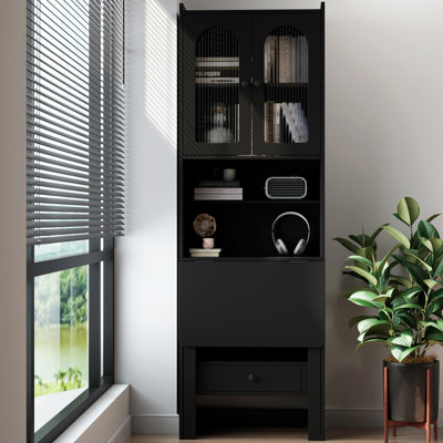 Fold-Out Freestanding Desk With Tall Bookshelf