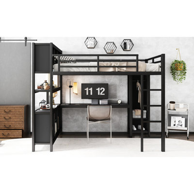 Metal Loft Bed For Teens Adults, Queen Size With Wardrobe & Desk Storage Feature, And
