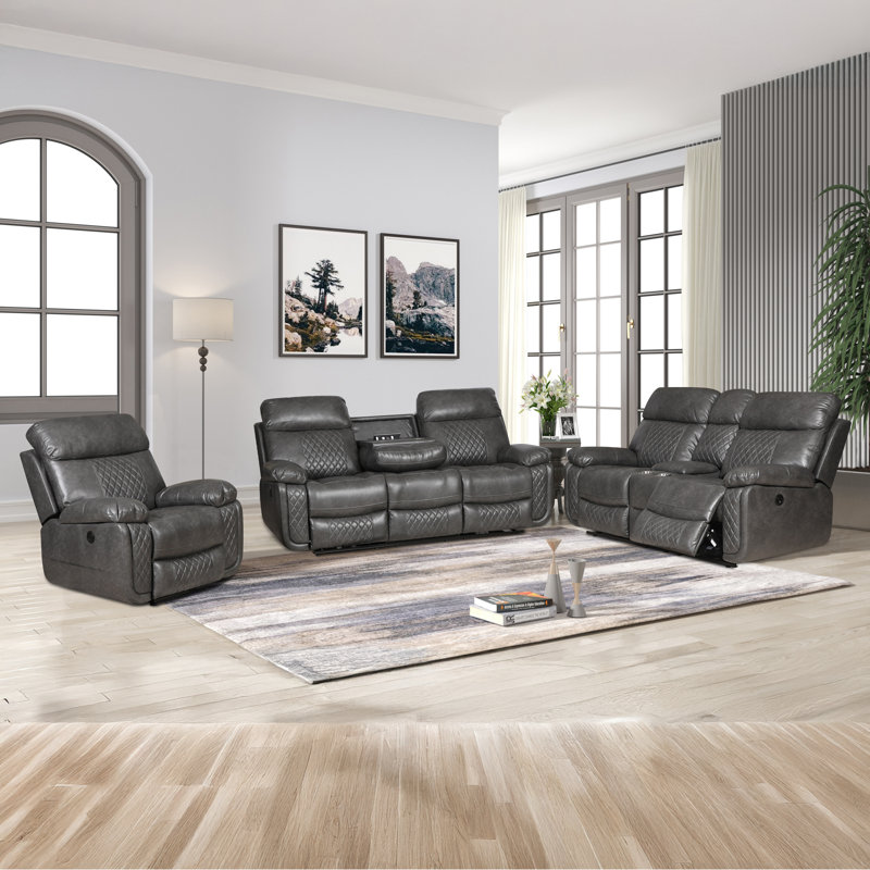 Ensemble de salon inclinable électrique en similicuir 3 pièces Azam Infinity, Similicuir gris
