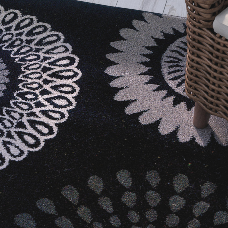 Tapis noir/gris/blanc floral Cooney, Rond 4 pi