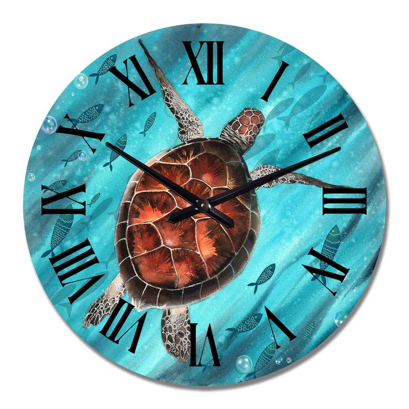 Tortue de mer colorée nageant I - horloge murale nautique et côtière, Surdimensionné