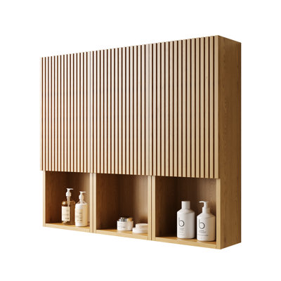 Bathroom Wall Mounted Cabinet 41" - 3 Cabinets Oak Grain Look Plywood Material Doors & Open Compartments French 3D Groove Combined Or Individual Build Spaces Design