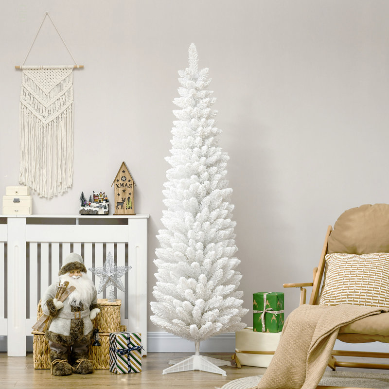 Arbre de Noël artificiel enneigé 6 pi, arbre de Noël mince avec branches réalistes et base en plastique, 5.9', Blanc