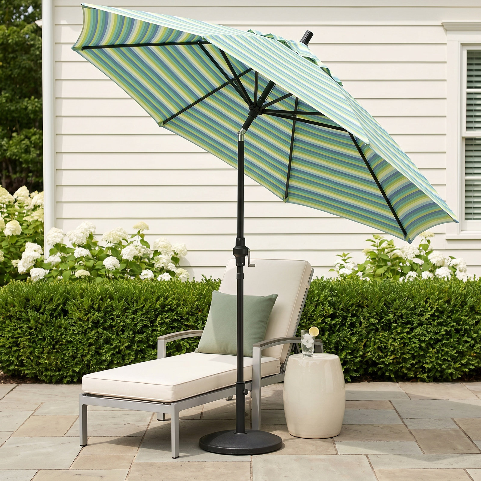 Garita 108'' Market Sunbrella® Umbrella, Seville Seaside Stripe Sunbrella®, Stone Black