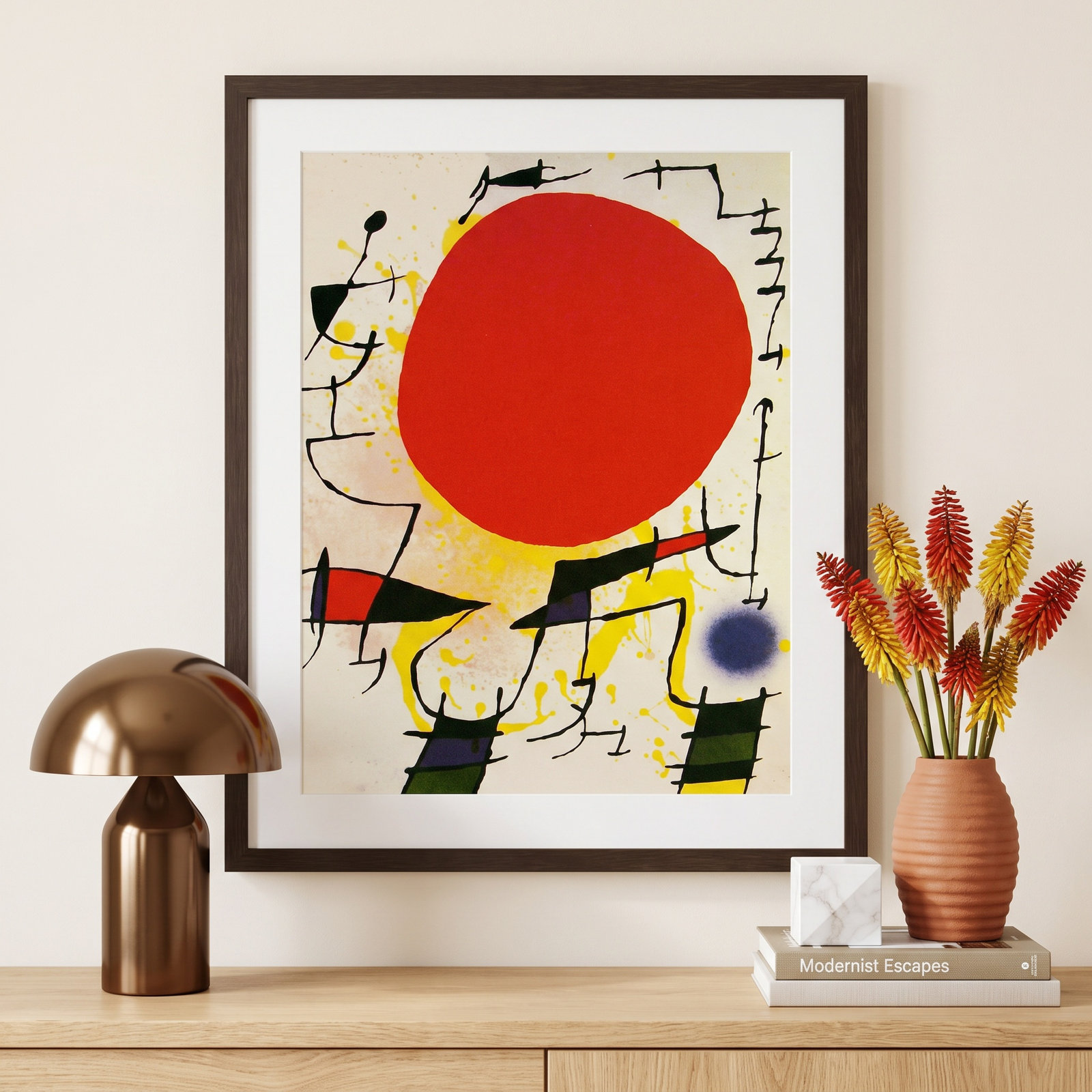 Le Soliel Rouge (The Red Sun) by Joan Miro, 30.38" H x 24.38" W x 0.88" D, Clay Gray Framed Paper
