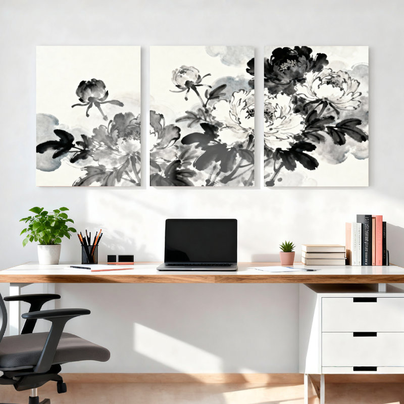 «Black and White Peony», reproduction d'art sur toile tendue à l'encre de Chine, ensemble de 3 reproductions d'art