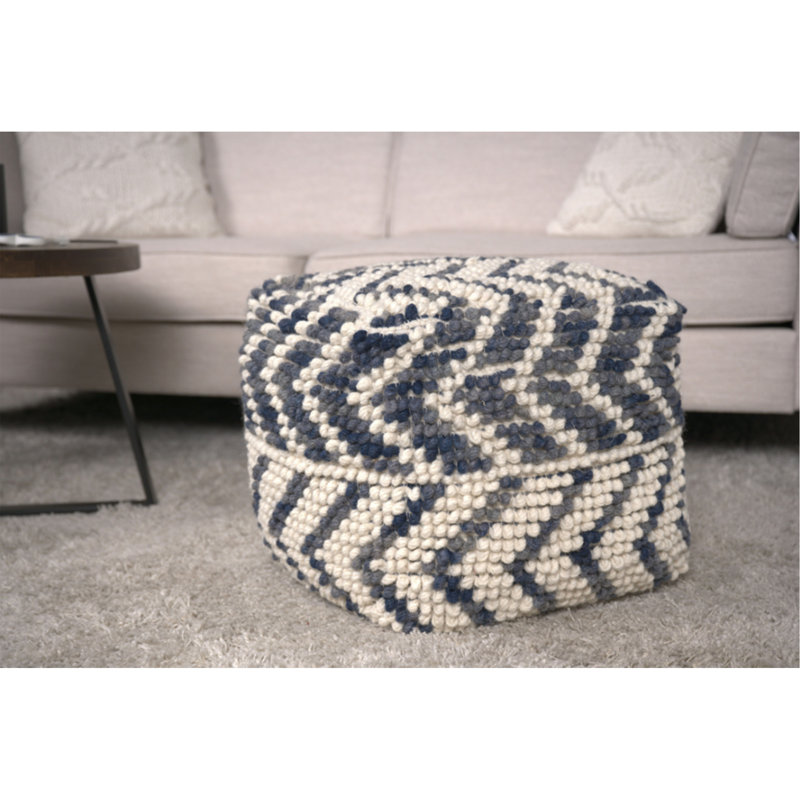 Pouf en laine et coton Alina, naturel et bleu