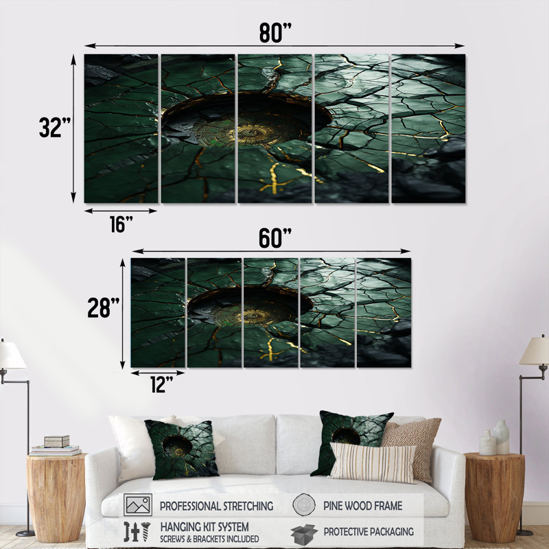 Green Emerald Amazonite Stone Geode I - ensemble d'art mural 5 pièces, H 28 po x l 60 po