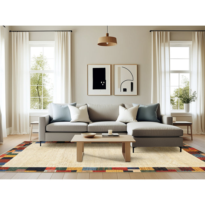 Tapis contemporain beige / jaune, Rectangle 6 pi x 9 pi