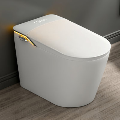Toilette allongée intelligente avec bidet, couvercle à ouverture automatique, pré-jet de mousse, chasse d'eau activée par capteur, lavage de bidet, séchoir à air chaud, chasse d'eau avec capteur de pied et veilleuse (télécommande incluse)
