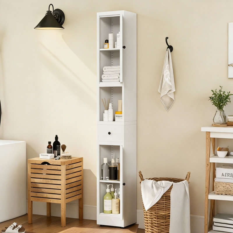 Armoire de rangement Mikenlee en métal blanc de 180 cm de haut, meuble de salle de bain étroit à 5 niveaux avec 2 portes et étagères réglables, meuble autoportant et étroit idéal pour les petits espaces, les corridors et la buanderie.