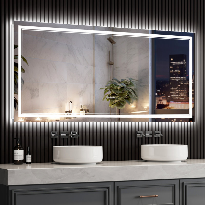 LED Lighted Bathroom Mirror: Front and Backlit, Tempered Glass, 3 Colours, Dimmable, CRI 90+, Defog, 28" x 60"
