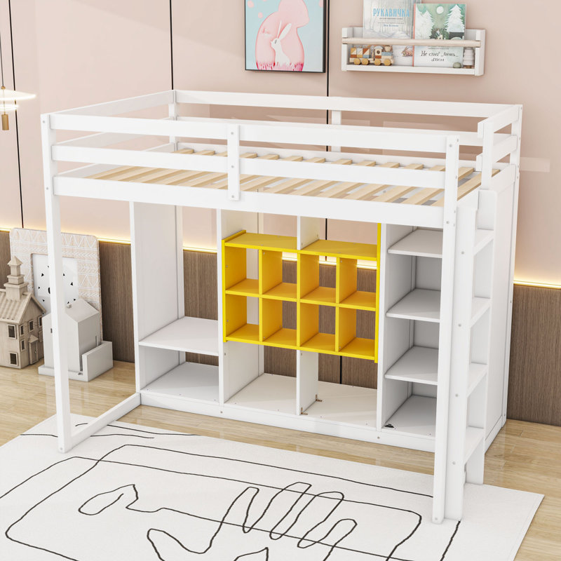 Lit mezzanine avec garde-robe, tablettes et armoire, Simple, Blanc / jaune