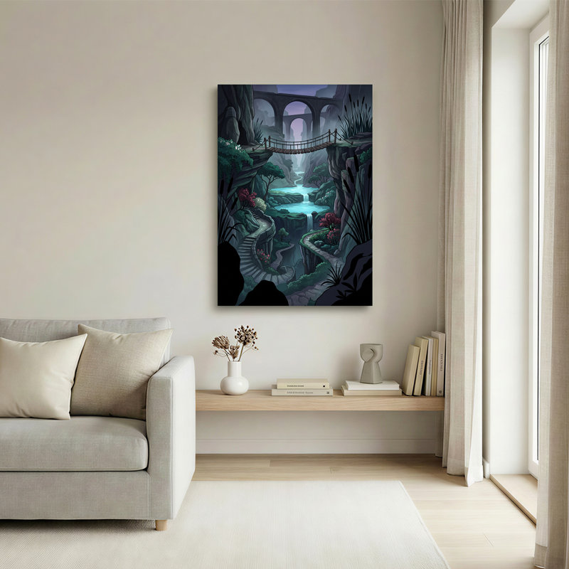 Art mural sur toile "Misty Blue Canyon" avec pont suspendu et marches en pierre, 40"H x 28"W