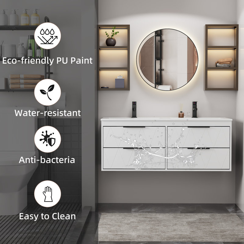 Ensemble de meuble-lavabo mural moderne avec plateau en résine 48 po Ciarra Sharee, robinet en alliage de zinc, armoire flottante peinte