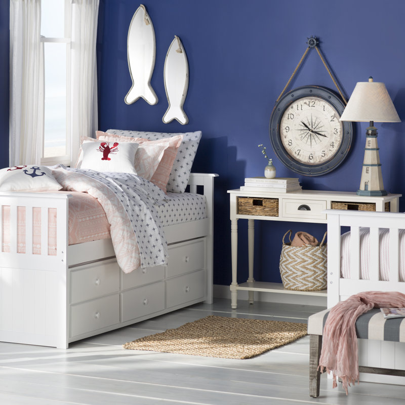 Poppy & Fritz Printed Percale Cotton Sheet Set, Twin XL Sheet Set + 1 Pillowcase, Oxford Stripe Blue