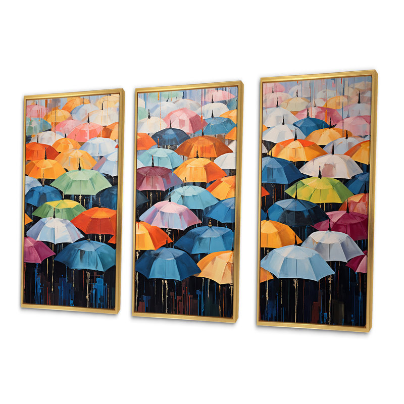 Ensemble de décorations murales Rainbow Umbrellas Collage I - Sky, Cadre flottant doré, H 40 po x l 60 po x P 1 po