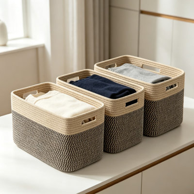 Ensemble de 3 paniers de rangement en corde tissée, bacs de rangement pliables pour tablettes, parfaits pour les jouets, les livres, les serviettes et les vêtements dans le salon, la chambre à coucher ou la chambre de bébé