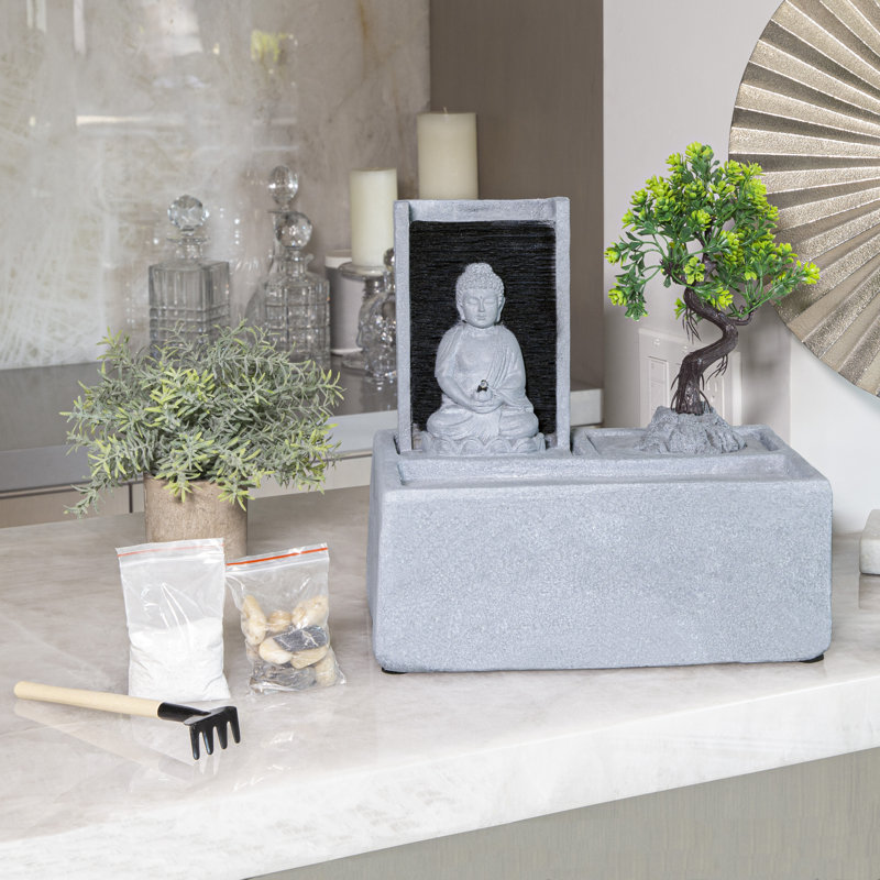 Gray Cement Buddha Bonsai Garden Tabletop Fountain with LED Light