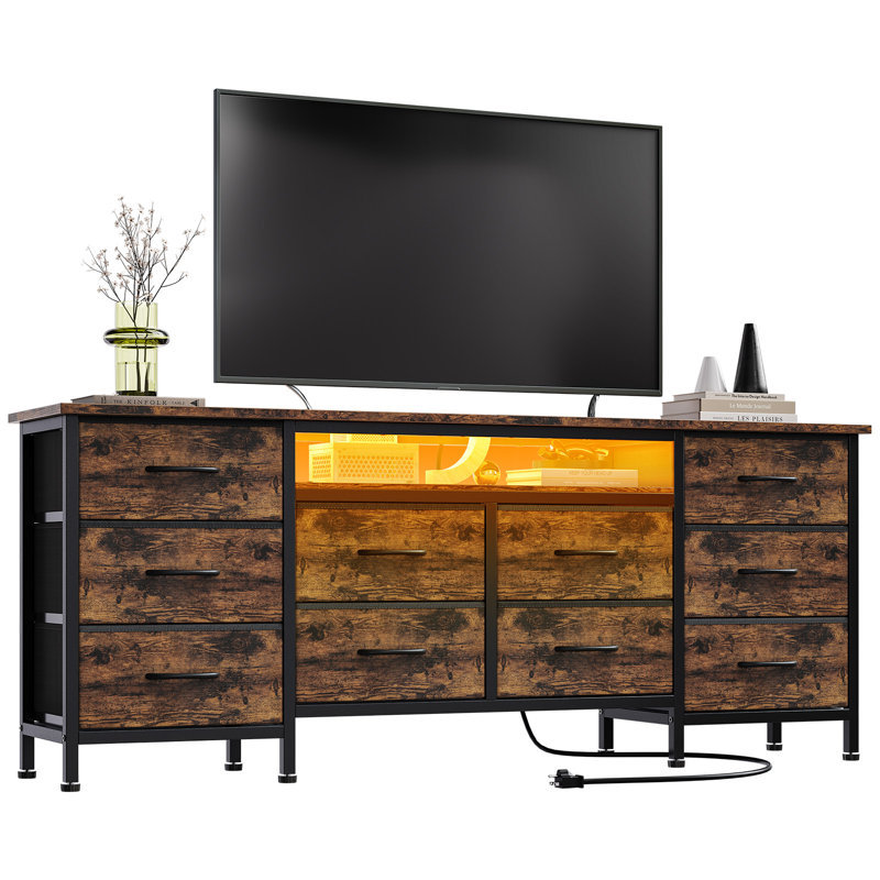 63" TV Stand Dresser with 10 Storage Drawers, Power Outlets & LED Lights, Wide Dresser Organizer Entertainment Center, Brown