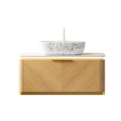 36" Bathroom Vanity With Multi - Layer Plywood Cabinet, Gold Handles, Soft Close Damping And Marble Pattern Vessel Sink Sintered Stone Surface, White Easy To Install Feature