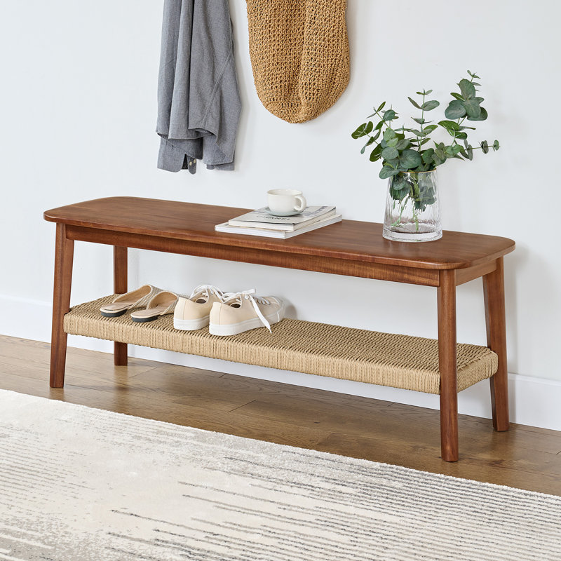 Alisma 48" W Solid Acacia Wood Entryway Bench with Woven Shelf
