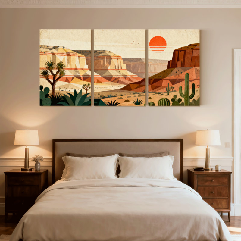 Paysage et nature, paysage désertique avec cactus et coucher de soleil, ensemble de 3 impressions sur toile